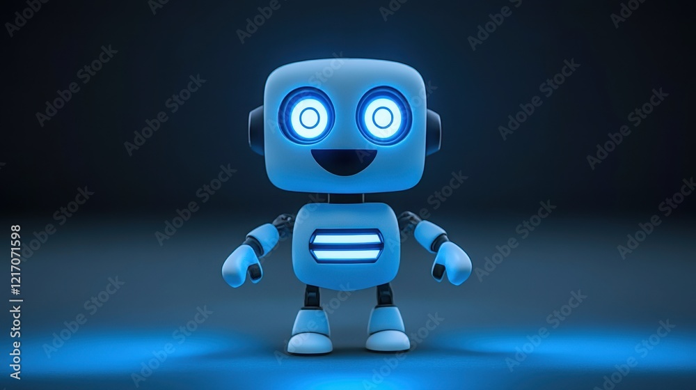 Cute Blue Robot Character with Bright Eyes and Friendly Smile Cute Blue Robot Character with Bright Eyes and Friendly Smile