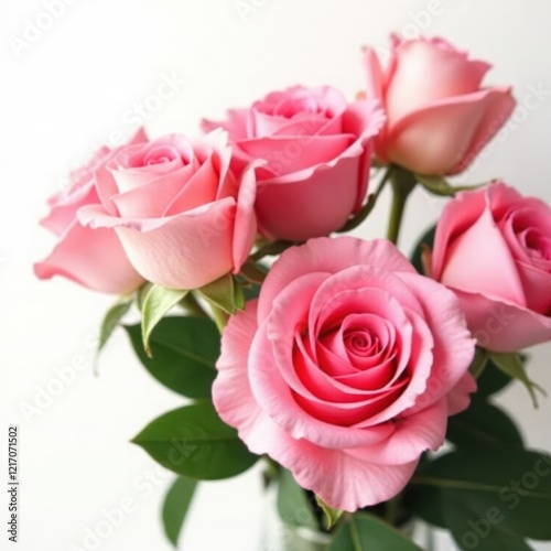 Elegant pink rose bouquet, lush blooms, white background, wedding, romantic