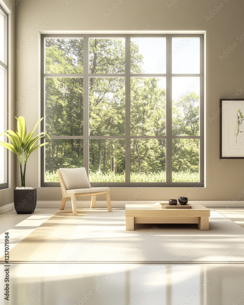 Fototapeta premium Modern living room with large windows and natural light in a tranquil setting