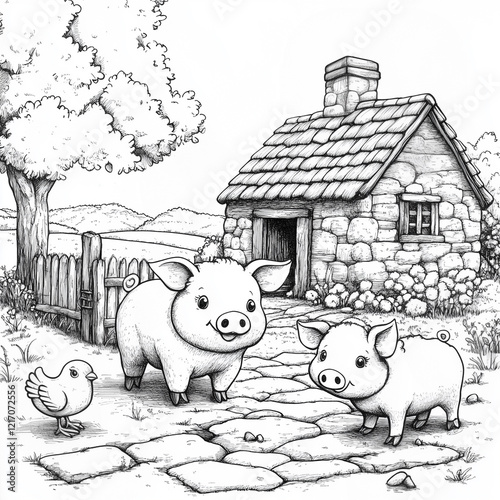 A black-and-white drawing of cute farm animals including a cow, pig, sheep, and chickens in a barnyard setting, for kids to color in generative AI