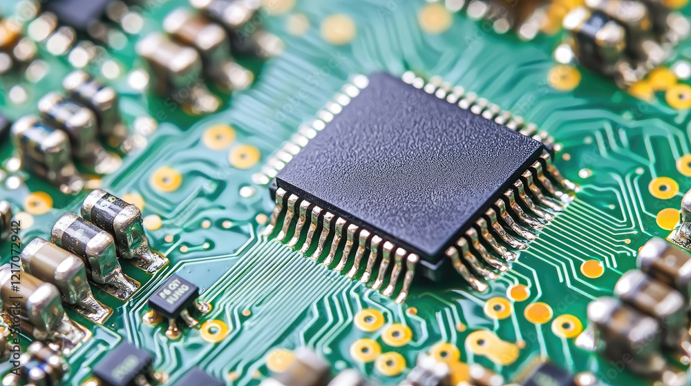 Close up of microchip on green circuit board Close up of microchip on green circuit board