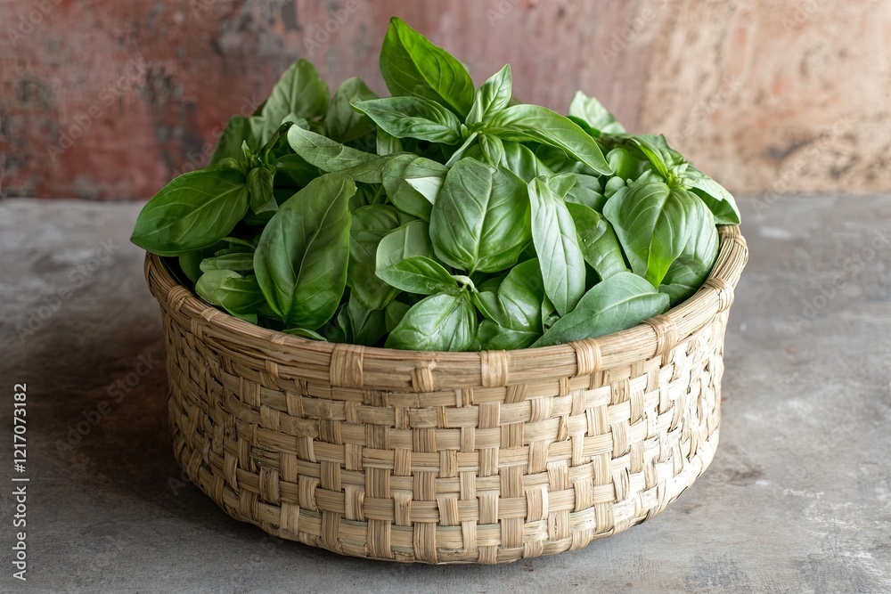 A single handwoven bamboo basket filled with fresh Thai basil leaves. picture A single handwoven bamboo basket filled with fresh Thai basil leaves. picture