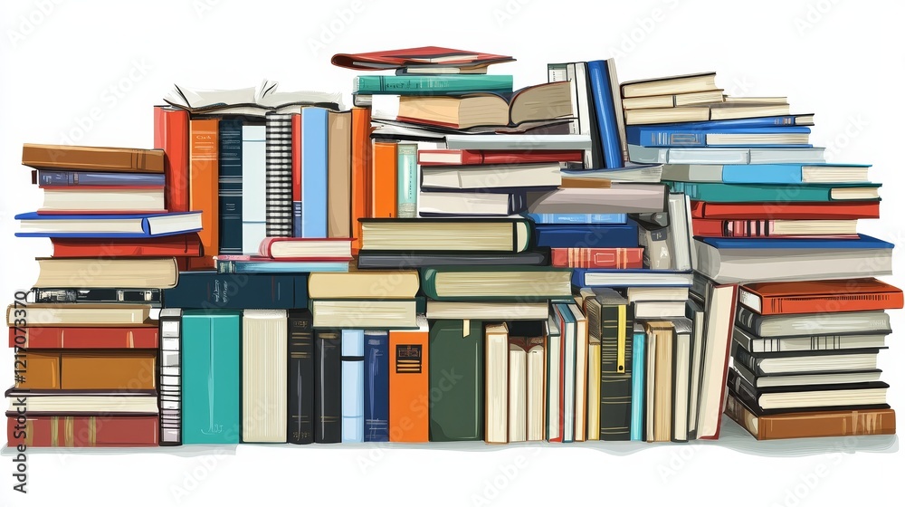 A large, diverse collection of books piled haphazardly on a white background A large, diverse collection of books piled haphazardly on a white background