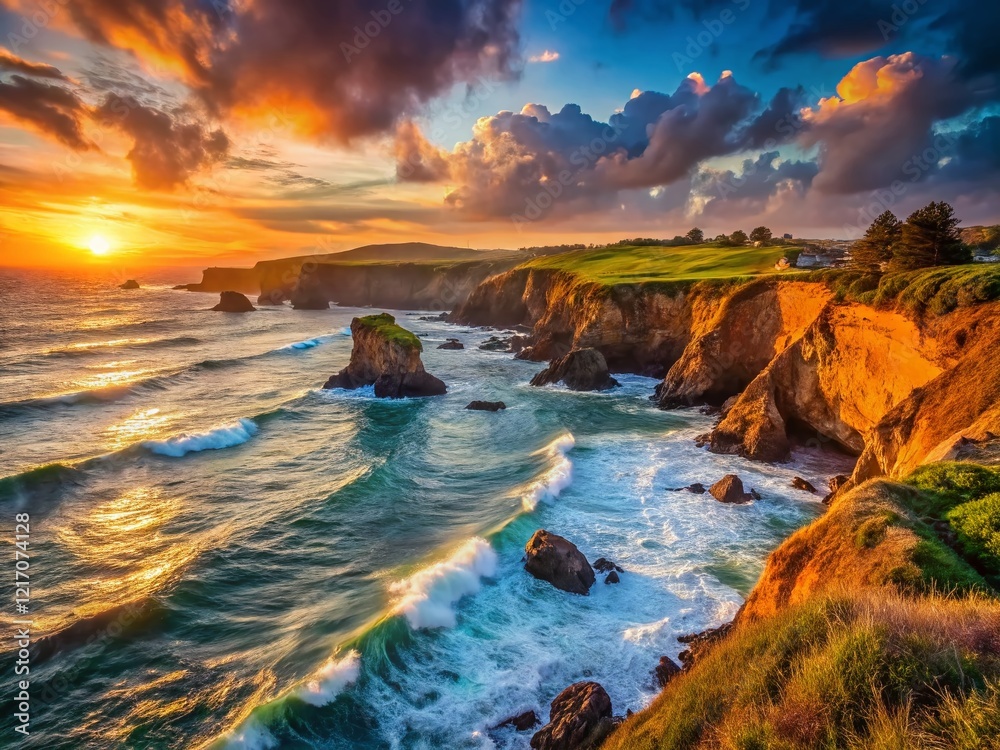 Obraz premium Sea Ranch California Coastal Sunset: Dramatic Pacific Ocean Cliffs & Golden Hour Landscape