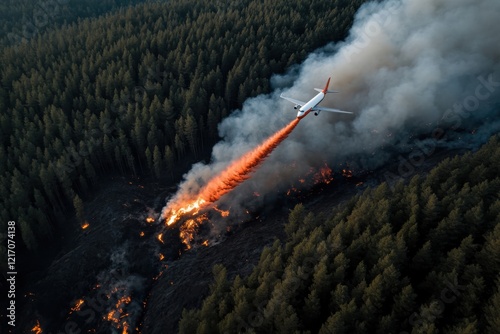 An aircraft releases fire retardant over a consuming wildfire, exemplifying the high stakes of aerial firefighting and the importance of protecting our natural forests. photo