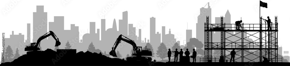 Vektor Silhouetten - Baustelle mit Ingenieuren Architekten und Arbeitern - Bauindustrie mit Stadt Skyline im Hintergrund