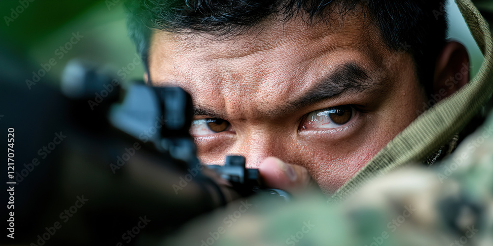 Close-up of Soldier Aiming Rifle Close-up of Soldier Aiming Rifle