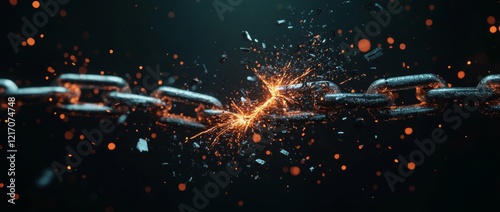 Broken chain symbolizing freedom and resilience with a dynamic, close-up view against a dark background