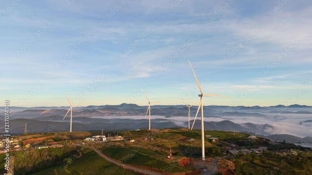 Group of Wind turbines farm in Da Lat, Vietnam. Royalty high-quality free best stock of Wind turbines renewable energy, production clean renewable energy, view of windmills for generating electricity Group of Wind turbines farm in Da Lat, Vietnam. Royalty high-quality free best stock of Wind turbines renewable energy, production clean renewable energy, view of windmills for generating electricity