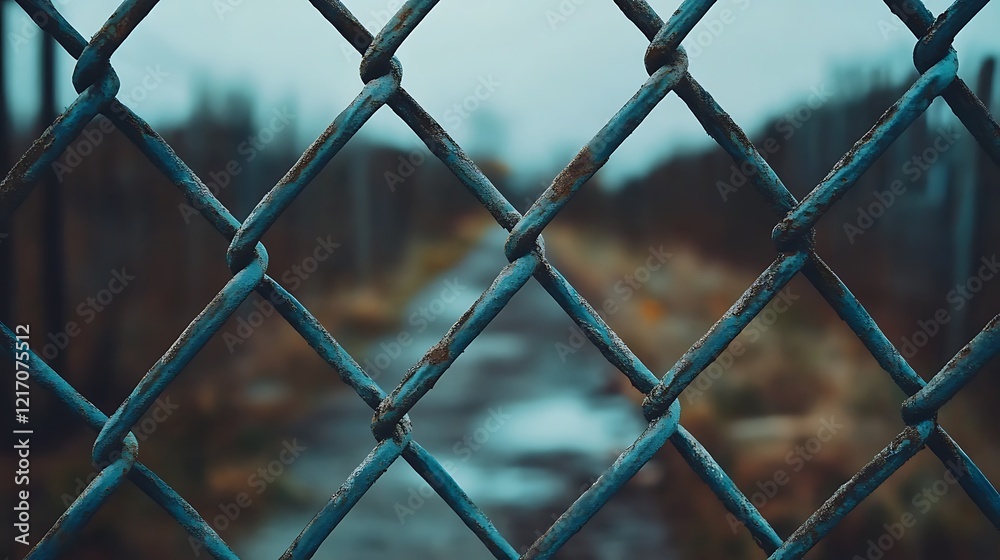 A metal wire fence with a blurred background featuring a water body and trees in the distance, suggesting it is a protective barrier near a natural water source. A metal wire fence with a blurred background featuring a water body and trees in the distance, suggesting it is a protective barrier near a natural water source.
