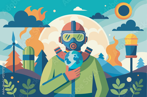 A man in a hazmat suit with a planet in his hands, great for environmental projects, science articles or blogs about environmental protection.
