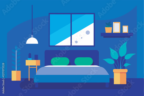 Cozy bedroom design with bed, plants and window. Great for blogs about interior design, home coziness and comfort.