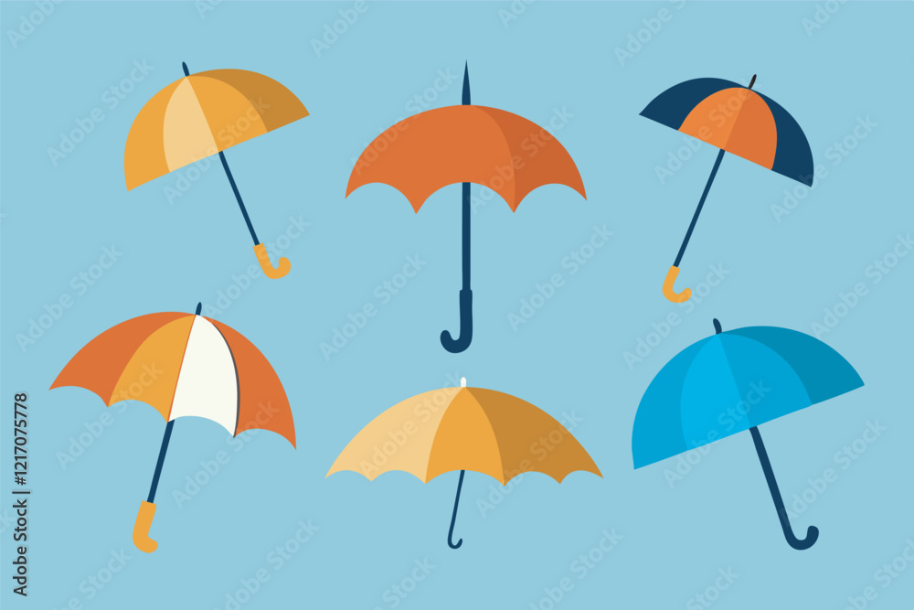 Cheerful multicolored umbrellas on a blue background. Ideal for children's rooms, covers of weather books, advertising of children's goods, design of greeting cards. Cheerful multicolored umbrellas on a blue background. Ideal for children's rooms, covers of weather books, advertising of children's goods, design of greeting cards.
