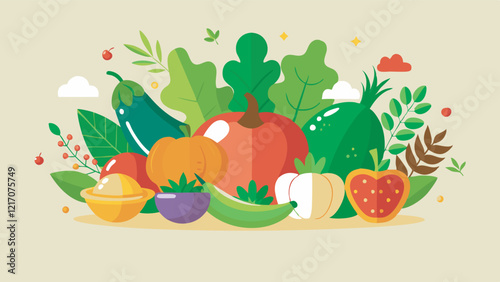 Bright illustration with a variety of fruits and vegetables. Suitable for cooking blogs, recipes, advertising of farm products, children's books about healthy eating.