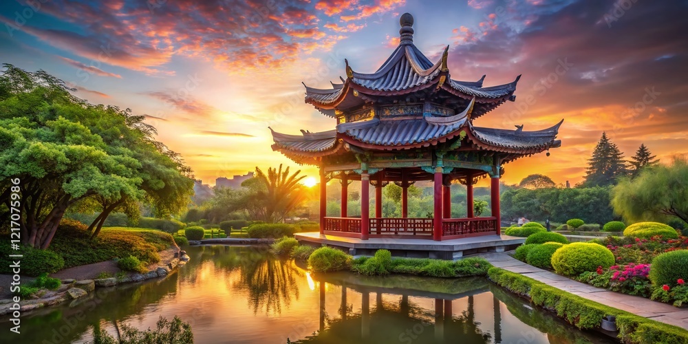 Obraz premium Serene Chinese Pavilion at Sunrise: Elegant Asian Architecture Stock Photo