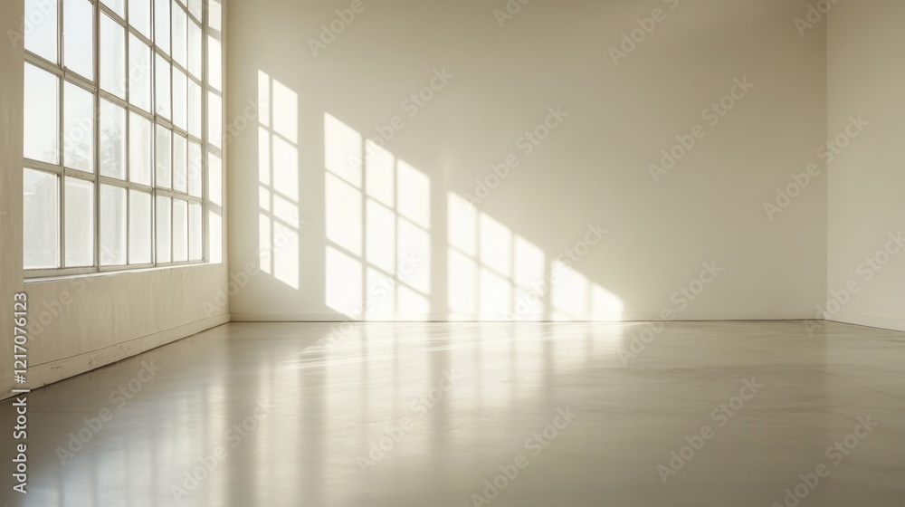 Bright, minimalistic interior space with large windows casting shadows on the floor Bright, minimalistic interior space with large windows casting shadows on the floor