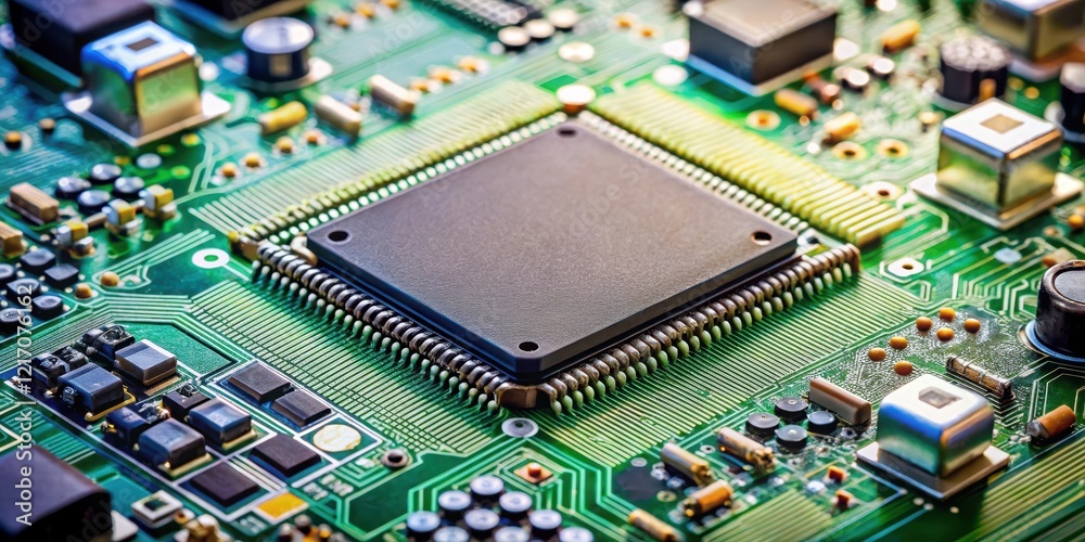 Microchip integrated on motherboard with various components Microchip integrated on motherboard with various components