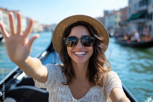 A young woman beams joyfully while enjoying a gondola ride in Venice, illustrating the essence of happiness and excitement during her scenic journey.