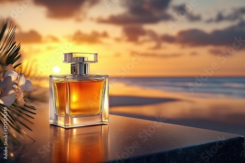 Elegant Perfume Bottle With Sunset Beach Backdrop photo