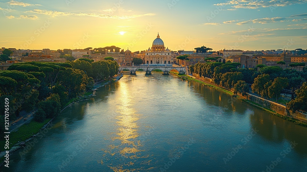 Fototapeta premium Sunset over Rome showcasing Saint Peters Basilica and Tiber River