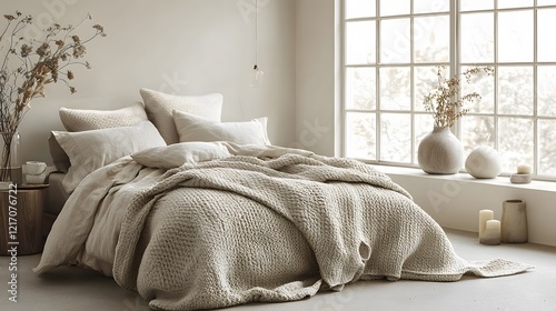 A modern minimalist bedroom with clean lines, neutral tones, and a cozy knit throw on the bed