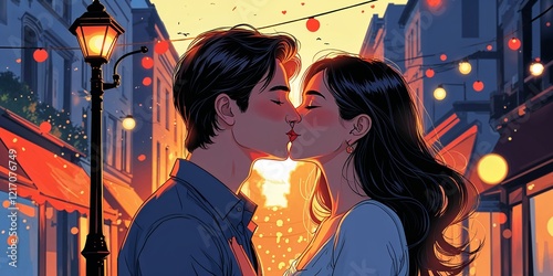 Romantic first kiss under a streetlamp background illustration cartoon design manga