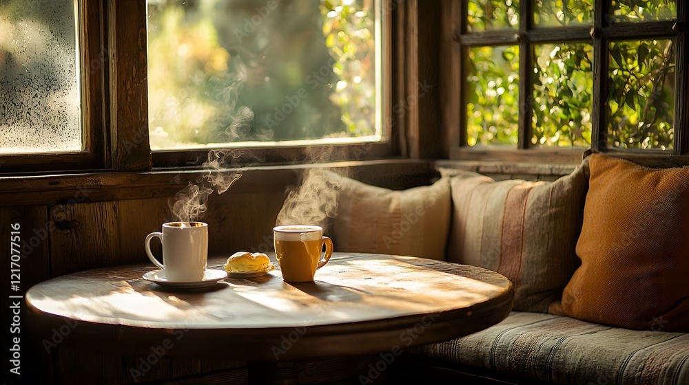 A cozy breakfast nook with a round table, a soft bench seat filled with cushions, and steaming mugs of coffee on the table A cozy breakfast nook with a round table, a soft bench seat filled with cushions, and steaming mugs of coffee on the table