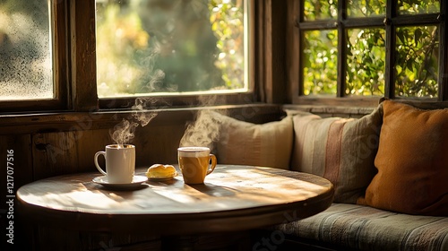 A cozy breakfast nook with a round table, a soft bench seat filled with cushions, and steaming mugs of coffee on the table photo