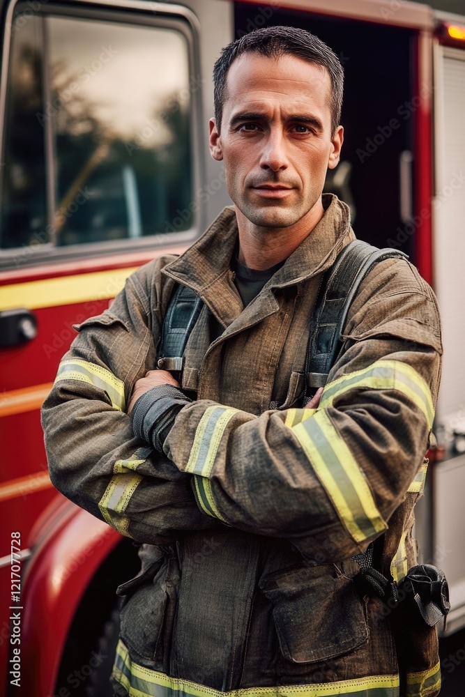 Fototapeta premium A firefighter standing near his vehicle, ready to respond to an emergency