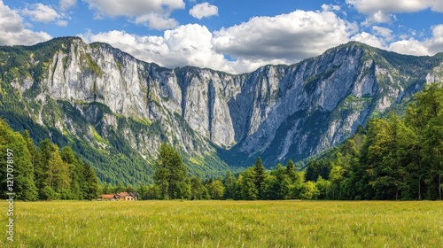 Alpine valley scenic, summer meadow, majestic mountains, cottage, tourism photo