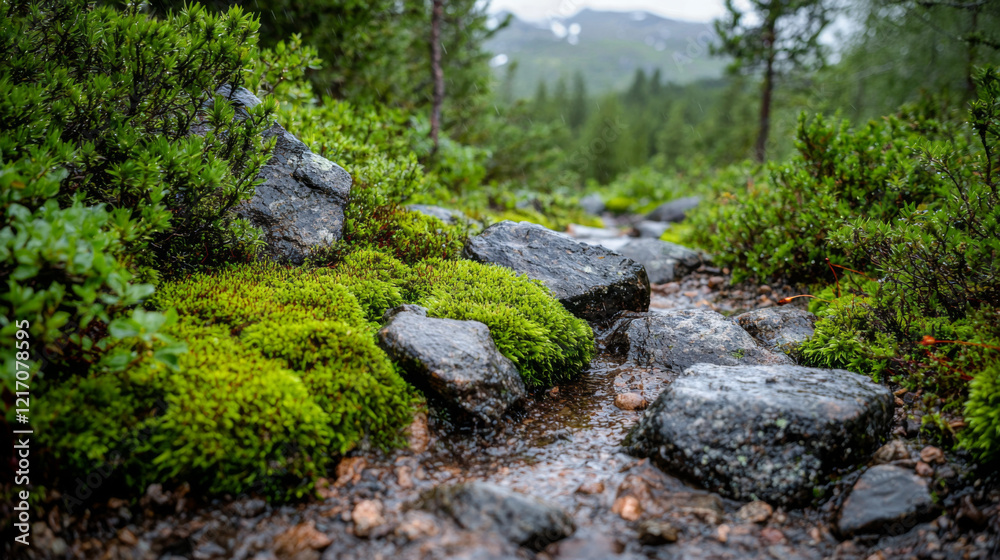 Lush green moss and rocky path beside a serene stream in a forest Lush green moss and rocky path beside a serene stream in a forest