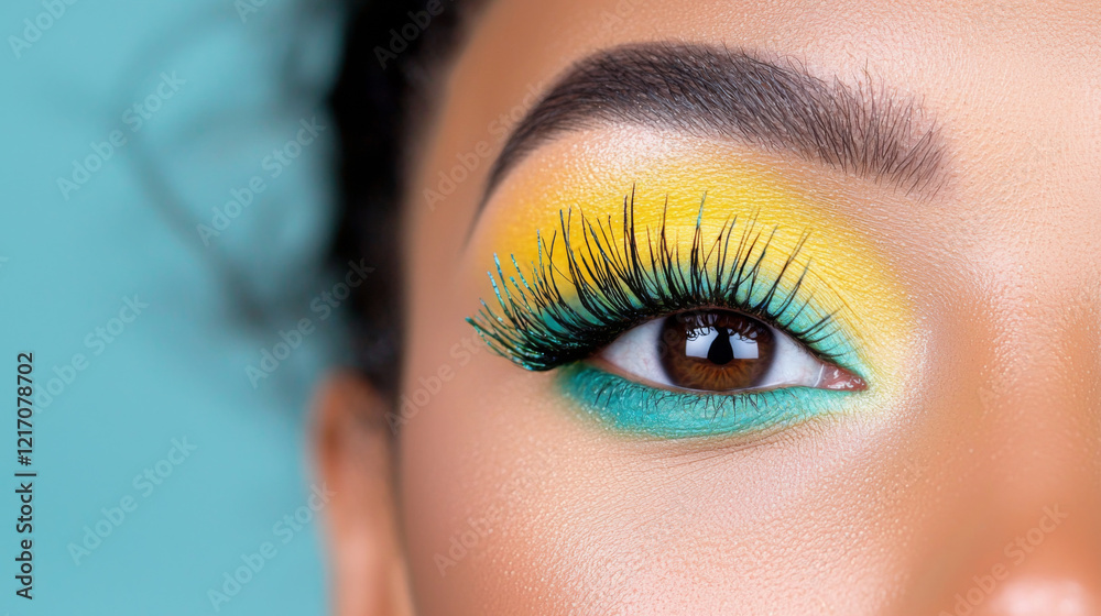 Vibrant eye makeup showcasing colorful yellow and green hues on a model Vibrant eye makeup showcasing colorful yellow and green hues on a model