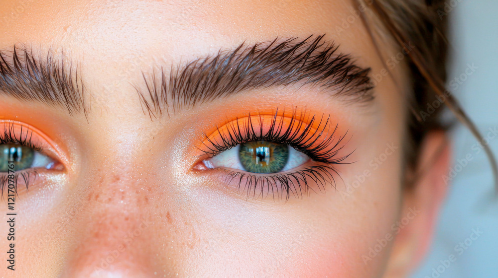 Obraz premium Creative makeup design featuring bold orange eyeshadow and defined brows