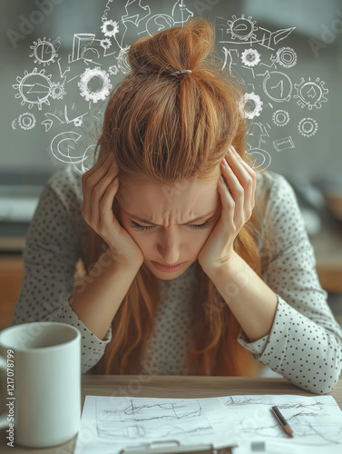 A young professional clutches her head in frustration while sitting at a cluttered desk. Surrounded by sketches and papers, she deals with overwhelming ideas and stress