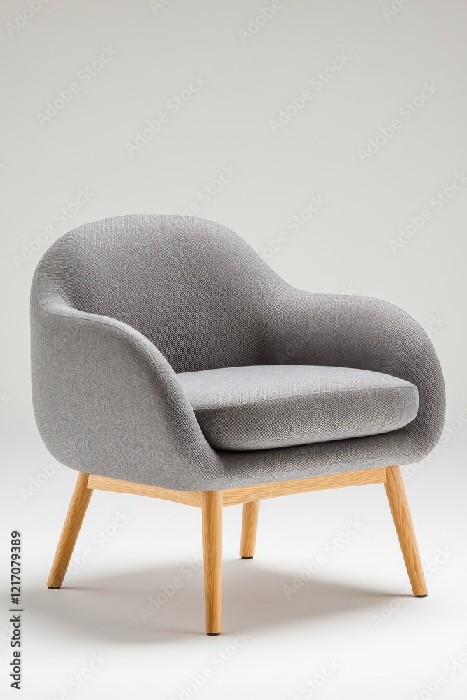 Fototapeta premium A sleek gray Scandinavian armchair with wooden legs presented on a transparent background, highlighting its minimalist design and cozy curvature.