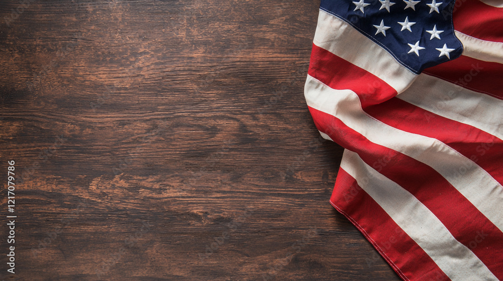 Obraz premium An American flag draped over a rustic wooden surface, symbolizing patriotism and unity.