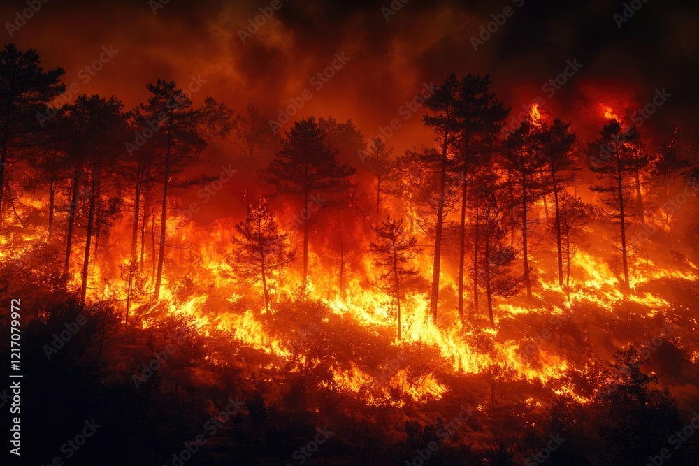 Fototapeta premium A forest is consumed by the flames of a wildfire, with trees and underbrush ablaze
