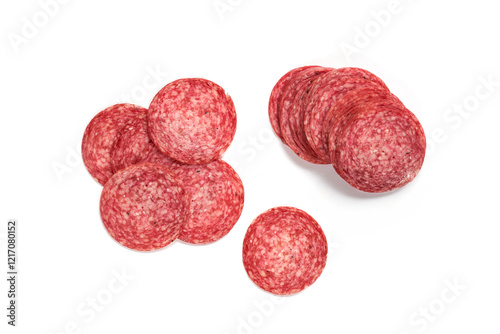 Sliced Czech pork fermented salami on white background. Top view. Flat lay. photo