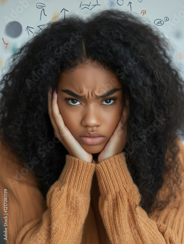 In a bustling office, a young professional with curly hair looks overwhelmed and frustrated, resting her hands on her face. Ideas swirl in the air as creativity clashes with stress photo