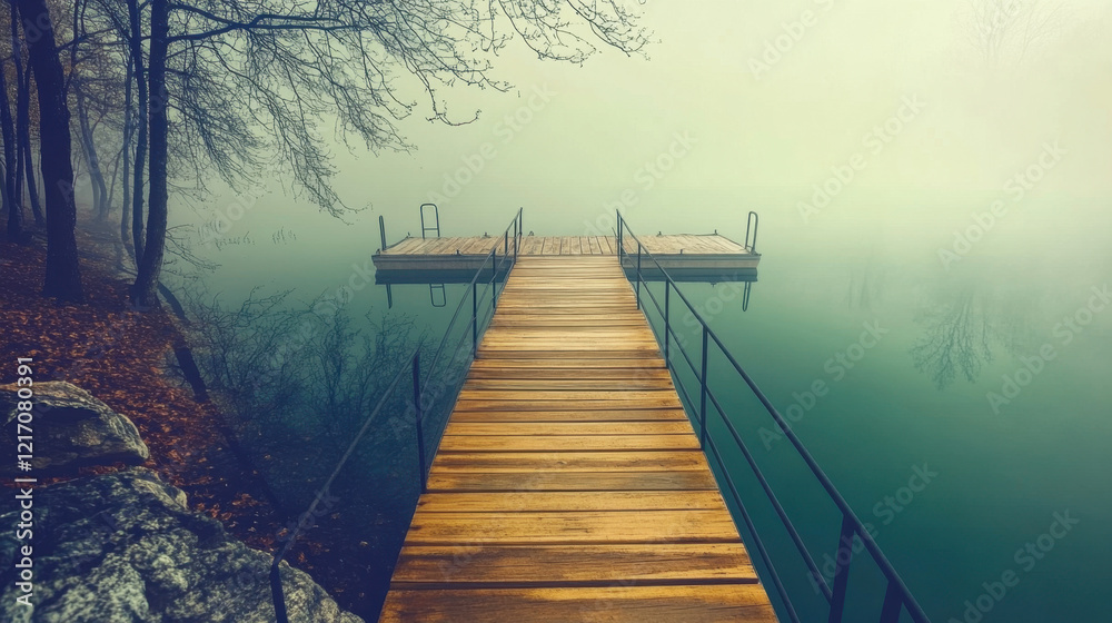 Fototapeta premium Wooden Dock Stretching Over Calm Foggy Lake Landscape with Trees