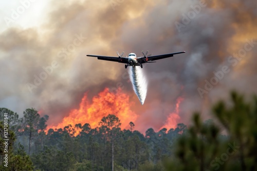 An aircraft drops water to suppress a wildfire, illustrating the critical actions taken during environmental crises and showing the powerful impact of aerial firefighting.