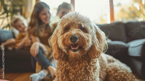 Warm family scene with a beloved dog indoors. Celebrating the irreplaceable presence of a pet in creating love, harmony, and unity within a family. Ideal for promoting pet-friendly 