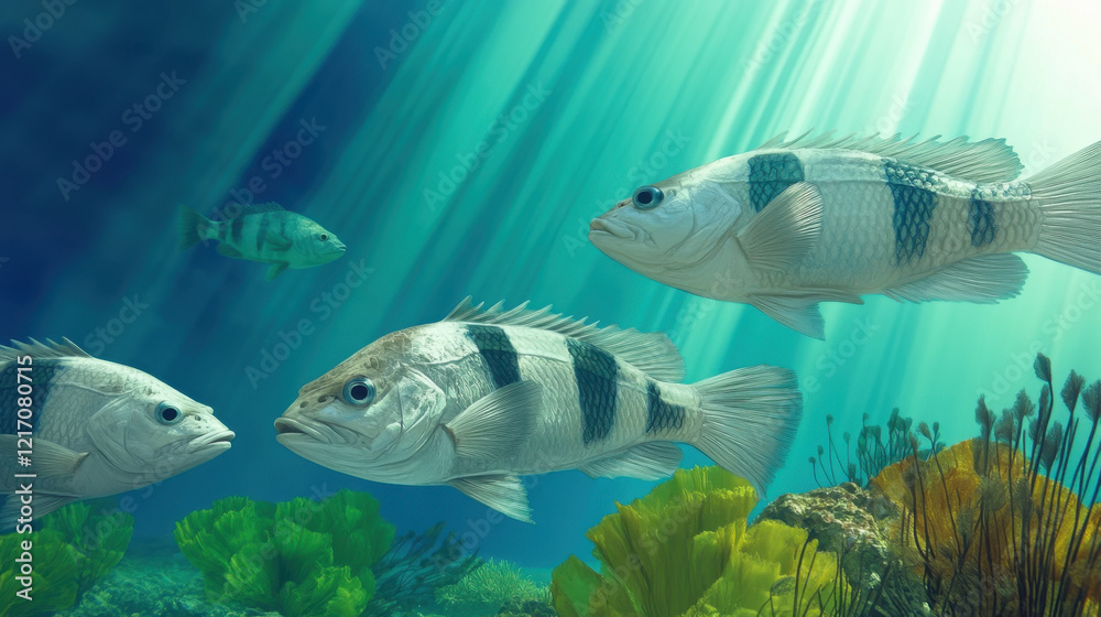 Fototapeta premium School of Fish Swimming in Ocean Among Lush Coral Reefs