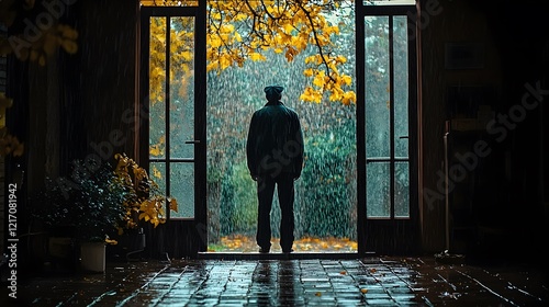 A man standing in an open doorway, watching the rain fall softly outside, his presence still and reflective
