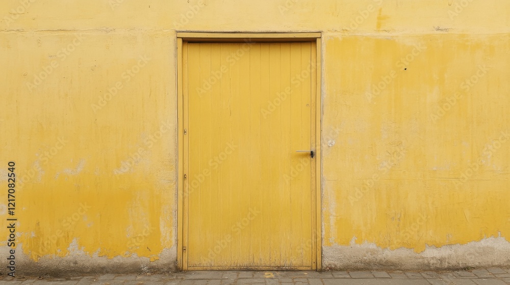 Bright yellow wall with a wooden door in a minimalistic urban setting, showcasing simplicity