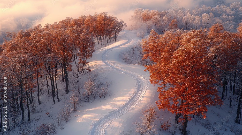 Fototapeta premium Serene Heart-Shaped Pathway Through Snowy Forest with Autumn Colors