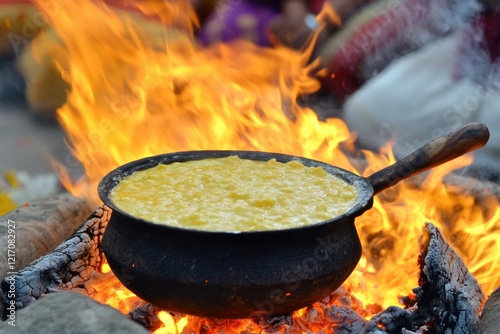 A pot of food is cooking over an open flame in the wilderness, perfect for camping or outdoor adventures