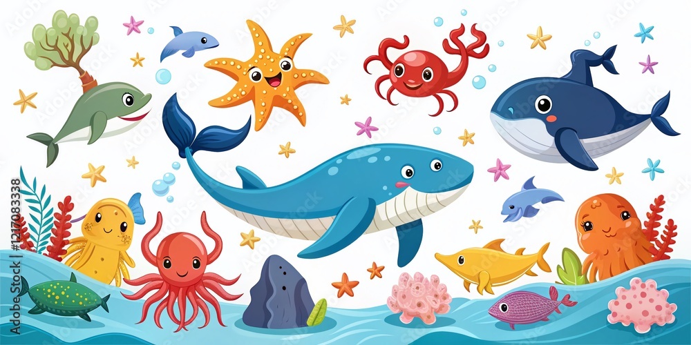 Naklejka premium Silhouette Cartoon Sea Animals Clipart: Blank White Space for Text & Design