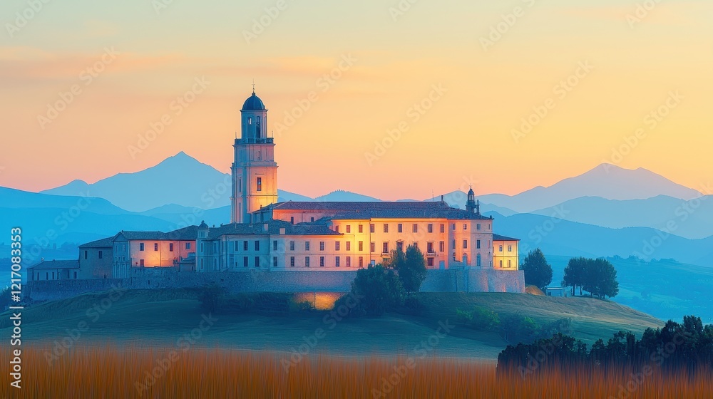 Obraz premium Historic Castle Illuminated at Dusk on Cliffside Surrounded by Mountain Peaks