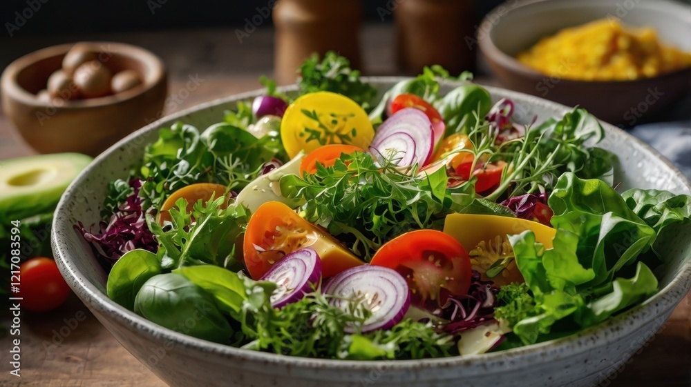 Delicious and Colorful Fresh Salad Bowl Featuring Crisp Lettuce, Juicy Tomatoes, and Vibrant Greens, Perfectly Arranged for a Healthy and Nutrient-Packed Meal Delicious and Colorful Fresh Salad Bowl Featuring Crisp Lettuce, Juicy Tomatoes, and Vibrant Greens, Perfectly Arranged for a Healthy and Nutrient-Packed Meal